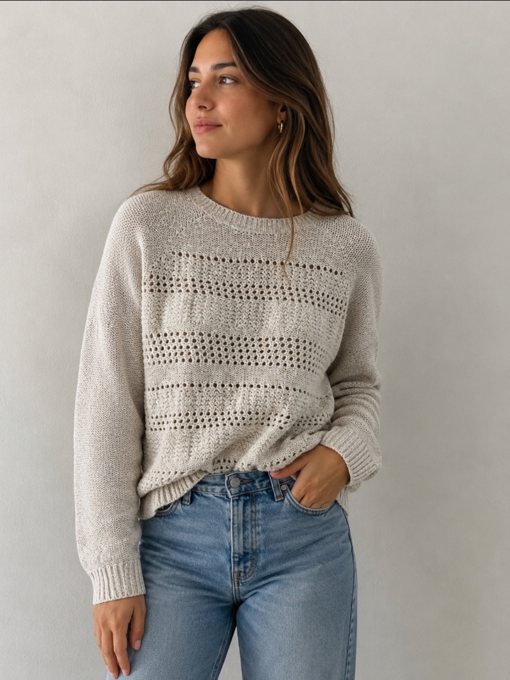 Abercrombie & Fitch Cream Open Knit Sweater Pullover - Size L
